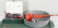 Oil Drain Pan & Metal Box of Assorted Hand Tools