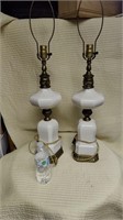 2 antique glass white and brass lamps.