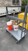 GRAY METAL ROLLING CART W/ 5 BUCKETS CEMENT STAKES