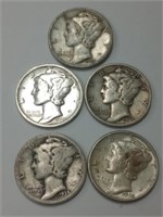 5 Mercury Dimes assorted years