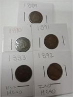 5 Indian Head Pennies assorted years