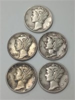 5 Mercury Dimes assorted years