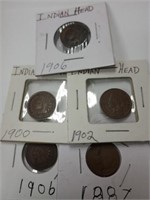 5 Indian Head Pennies assorted years