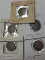 5 Indian Head Pennies assorted years