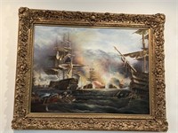 Oil on Canvas of a Maritime Battle Scene 48" x 60"