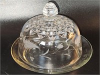 Etched Glass Butter Dish 6.75"L x 5"H