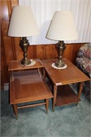 Two Mid-Century Modern End Tables & Pair of Brass