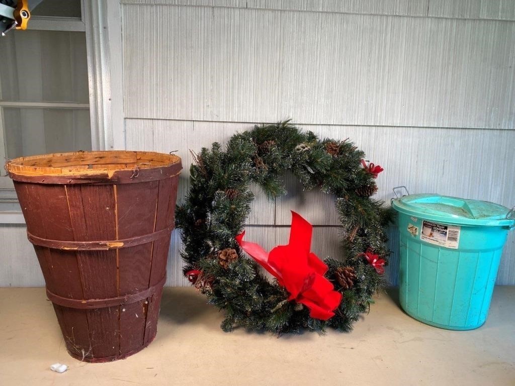 antique wooden basket, wreath & more