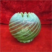 Green opalescent swirl vase. Art glass.