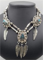 Signed Navajo Sterling Turquoise Leafwork Necklace