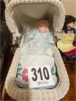 Antique Wicker Doll Carriage with Doll (R3)