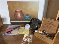 CIGAR BOX, POTTERY POT PICTURE, KNIFE WORKS