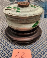 320 - GLAZED CLAY COVERED BOWL W/ STAND (A2)