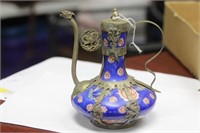 A Signed Chinese Porcelain and Metal Wine Ewer