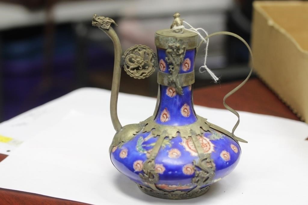A Signed Chinese Porcelain and Metal Wine Ewer