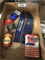 Union, Texaco, Winchester oil tins, hat, cloth