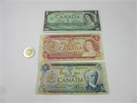 3 billets, 1$ , 2$ et 5$ Canada