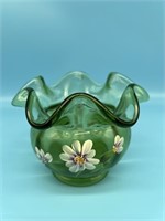Fenton Hand Painted Green Glass Vase