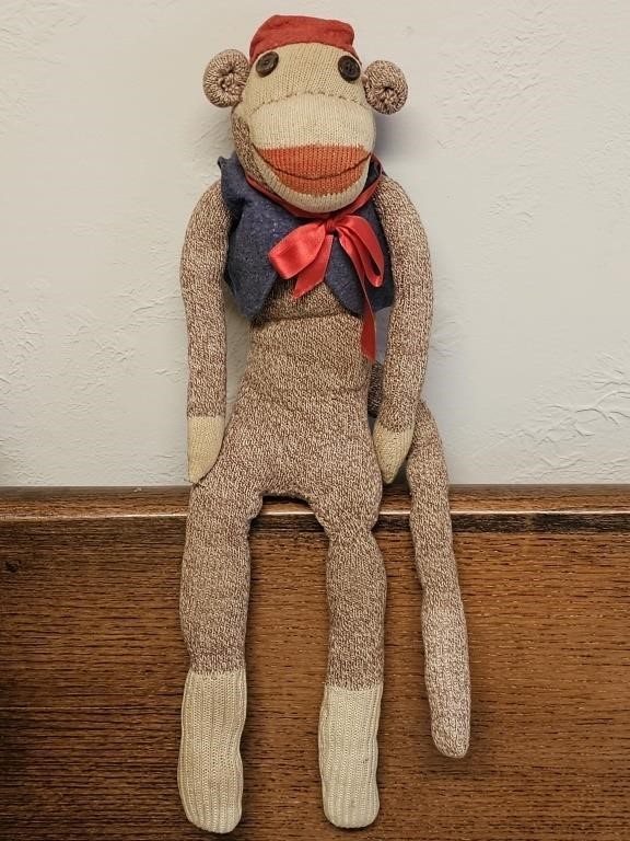 Vintage Sock Monkey w/ Red Cap & Vest w/ Red Bow