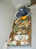 PORCELAIN BUNNIES, OLD FOLEY PITCHER AND BOWL