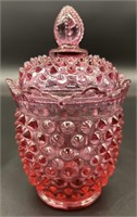 Fenton Cranberry Hobnail Covered Jar