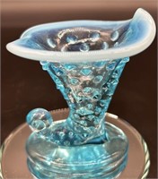 Fenton Blue Opal Hobnail Cornucopia Vase Uv