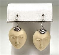 Sterling Carved Ox Bone Face Earrings 5 G (Unique)