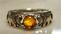 Sterling Silver Elephant Motif Amber Ring.