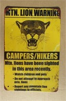 Mtn Lion Warning Tin Sign 8" X 12"