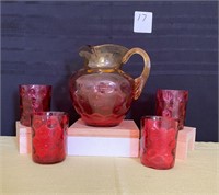 Coin Dot Amber / Cranberry Pitcher & 4 Glasses