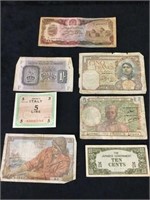Lot of 7 WWII Foreign Currency Notes