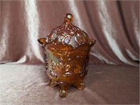 Orange Carnival Glass Foot Dish with Lid