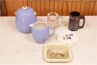 Mixed Kitchenwares pitcher, biscuit jar, mugs