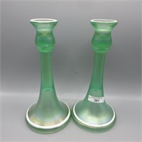 Central ice green Trumpet candlesticks, 9.25"