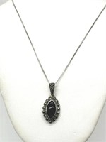 Sterling Silver Onyx & Marcasite Necklace