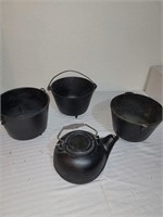 3 cast iron pots and kettle