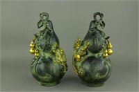 Pair Bronze Double Gourd Vases Ming Xuande Mark NR