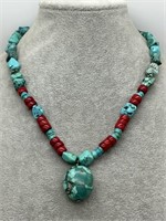 Sterling Silver Natural Turquoise & Coral Necklace