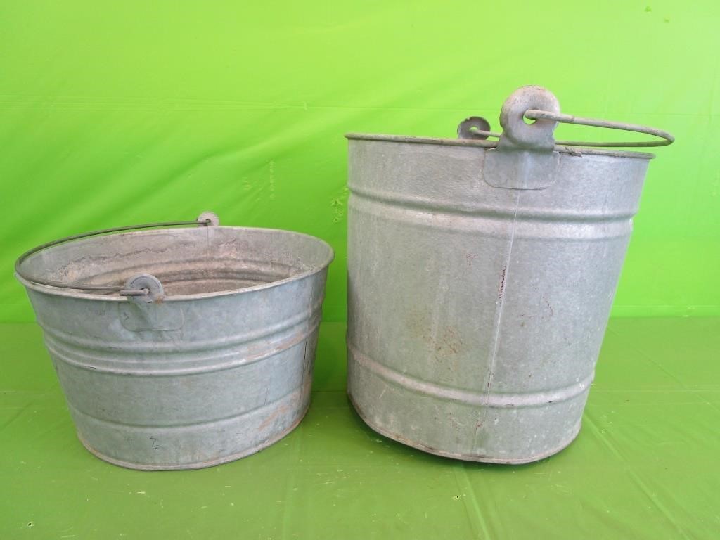 2 Galvanized Buckets  Tallest is 13"