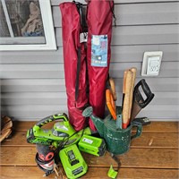 Greenworks LeafBlower, watering can w/tools chairs