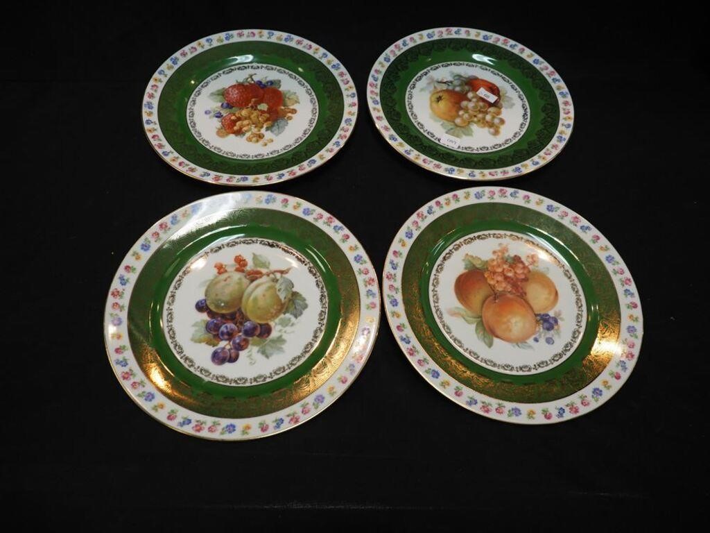 Four 10" Bavarian fruit plates with green and gold