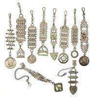 WHITE METAL POCKET WATCH FOBS - LOTS OF 10