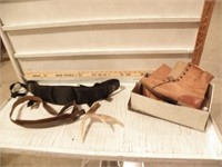 LEATHER BOOTS, SIZE 6, 2 RIFLE SLINGS, 1 ANTLER