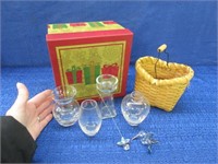 4 smaller glass vases -decorative box-basket-glass