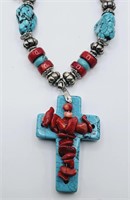 Blue Howlite & Red Coral Chunky Cross Necklace