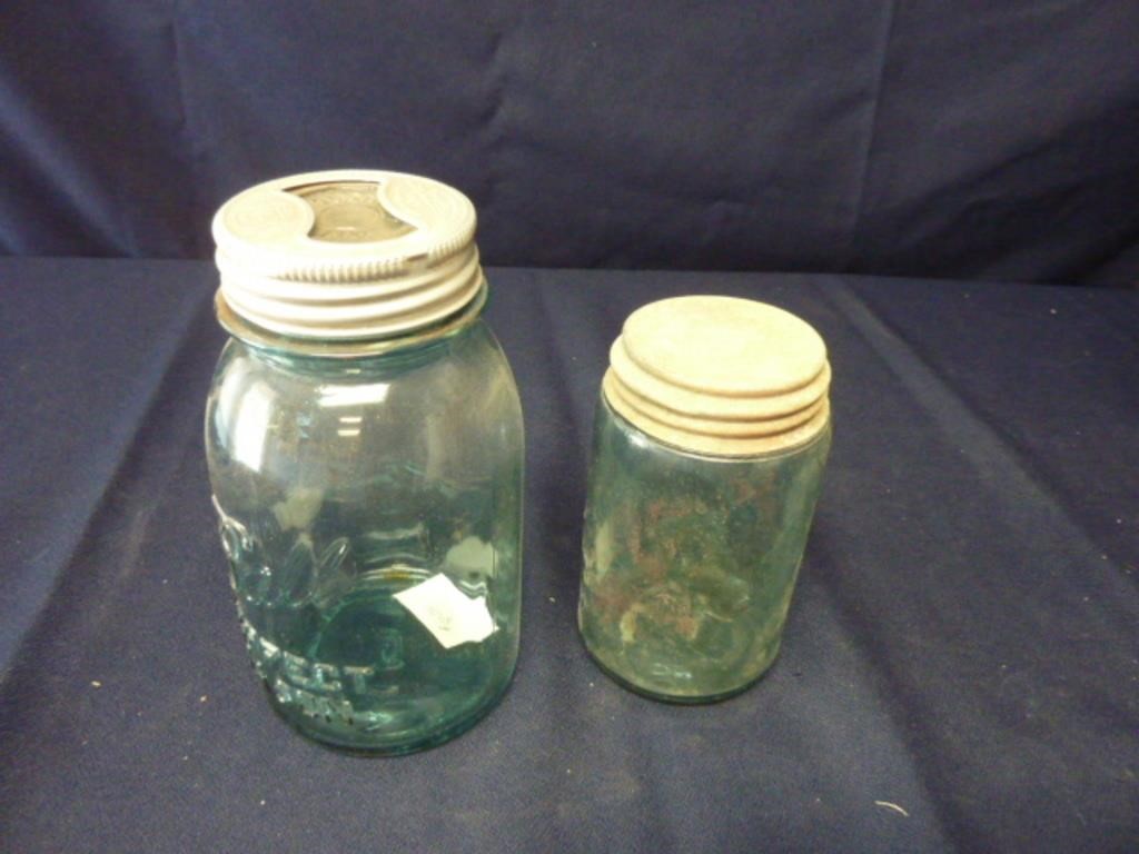 TWOANTIQUE GREEN BALL MASON JARS