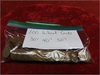 (100)30's,40's,50's Lincoln Wheat cents US coins.