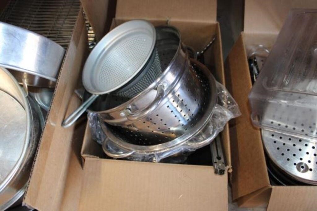 2 Boxes Of Misc. Strainers, Spoons, Tongs