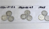 SILVER Roosevelt Dime Lot x 9 1950-1964