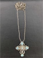 Sterling Silver Cross Necklace w/blue stones - 22